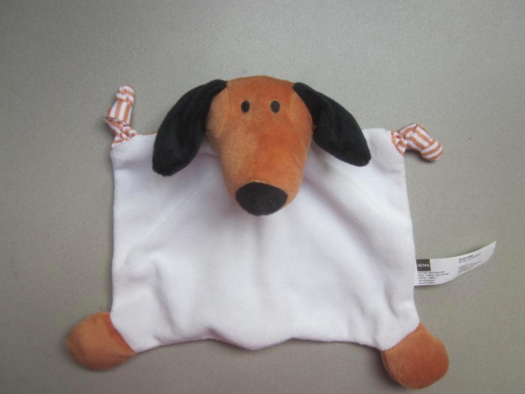 Hema wit pluche bruin gestreept teckel tekkel knuffeldoekje, Ophalen of Verzenden, Nieuw, Hond