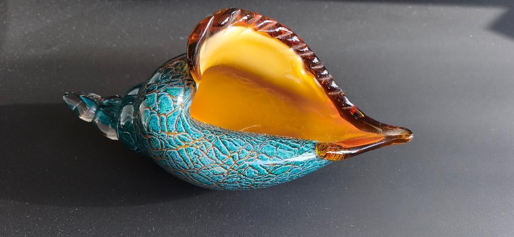 Blauw/oranje bruine massieve glazen schelp, Antiek en Kunst, Ophalen of Verzenden