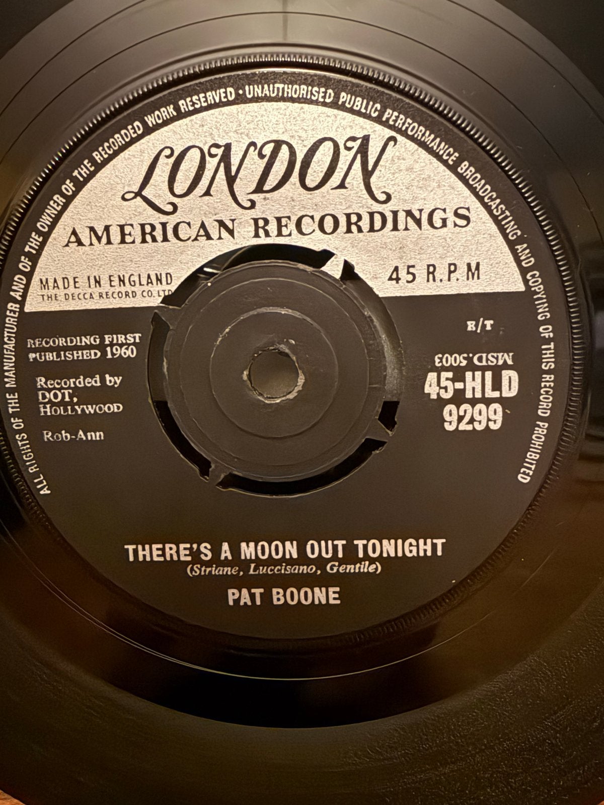 Pat Boone - There's a Moon Out Tonight / The Exodus Song (Vi, Originele persing, 7 inch, Ophalen of Verzenden, Zo goed als nieuw