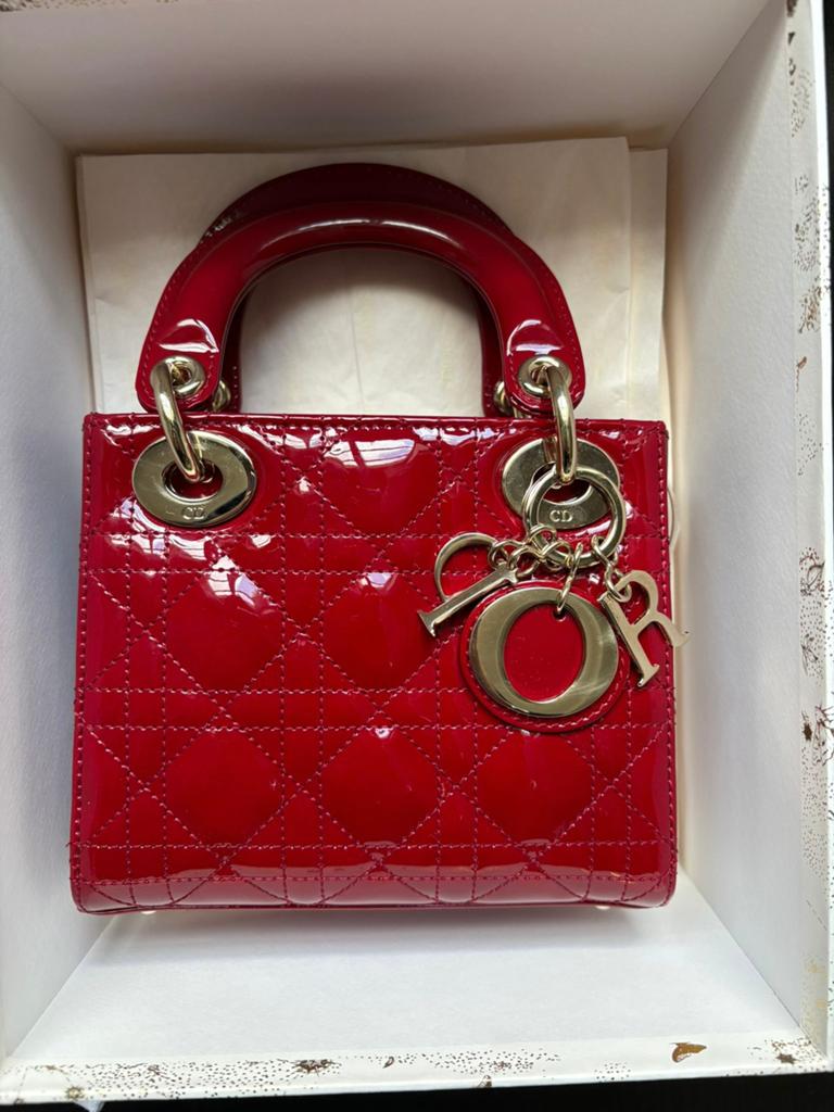 Mini Lady Dior Burgundy, Sieraden, Tassen en Uiterlijk, Tassen | Damestassen, Ophalen of Verzenden, Zo goed als nieuw, Rood, Handtas