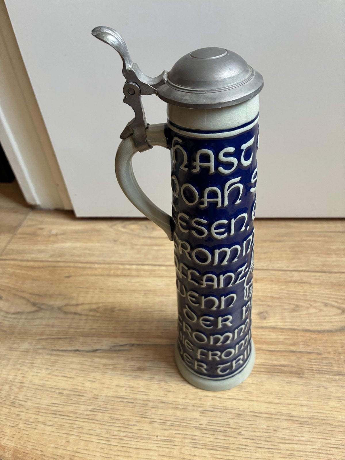 Vintage Duitse Bierpul met Tin Deksel - Kobaltblauw, Ophalen
