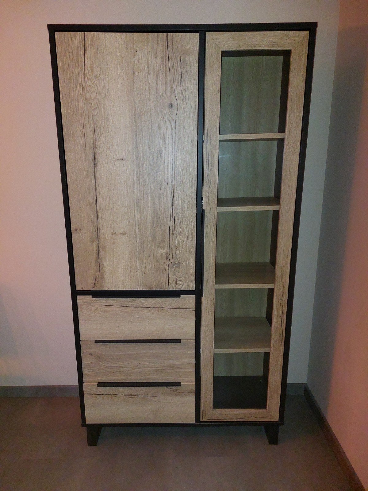 Vitrinekast met lades en legplanken - Eiken/Zwart fineer, Ophalen, Gebruikt