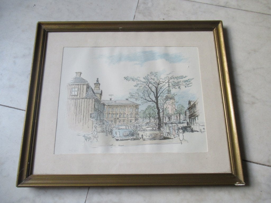 Stads Gravure, Handgekleurd, 40 cm, Stadsgezicht, 50 cm