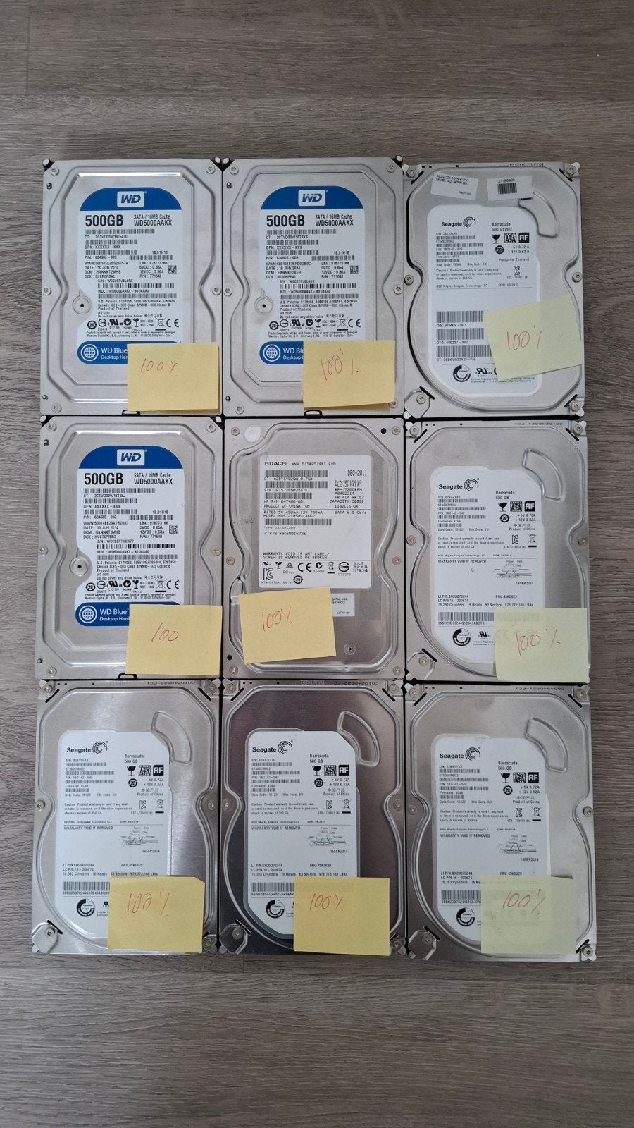 Partij van 9x 500GB HDD's (WD, Hitachi, Seagate), Computers en Software, Harde schijven, Gebruikt, Contactnextused@gmail.com, Zuideropgaande 33e Hollandscheveld