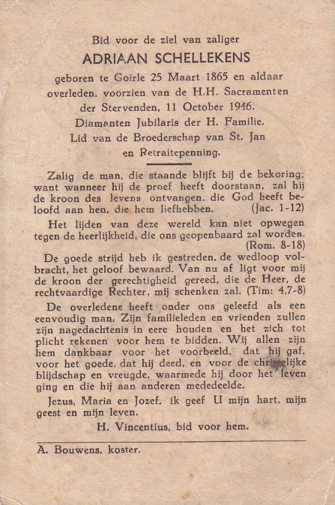 Schellekens Adriaan 1865 Goirle 1946, Ophalen of Verzenden, Bidprentje