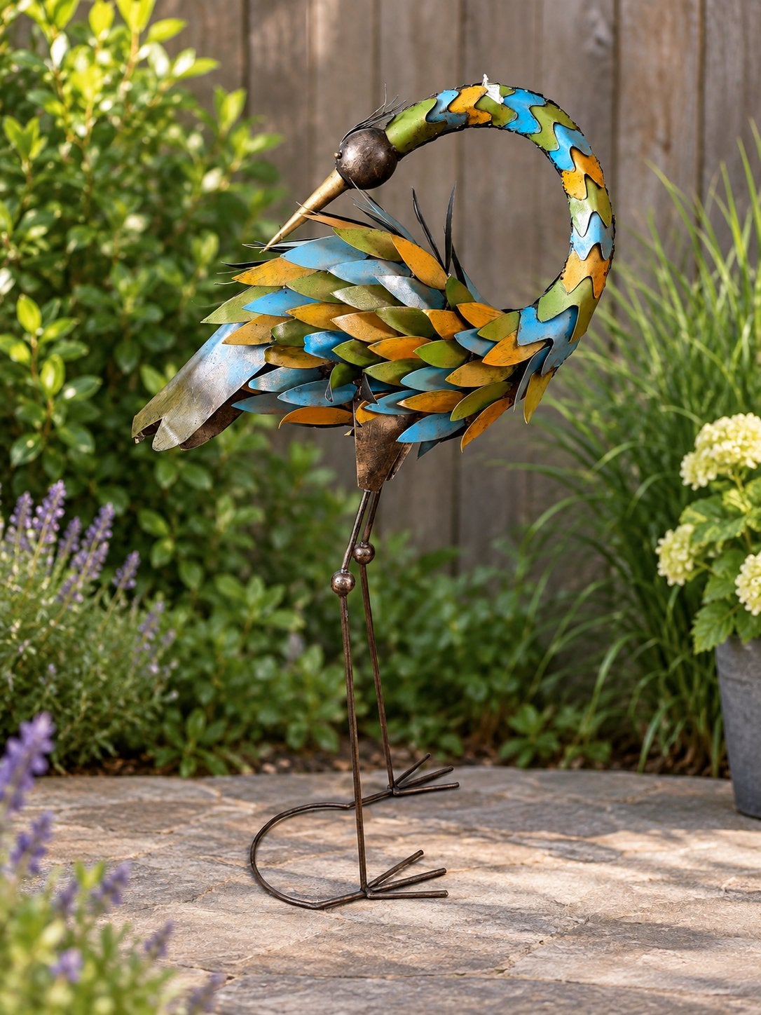 Kleurrijke metalen kraanvogel tuindecoratie hoogte ca 90cm, Ophalen, Zo goed als nieuw