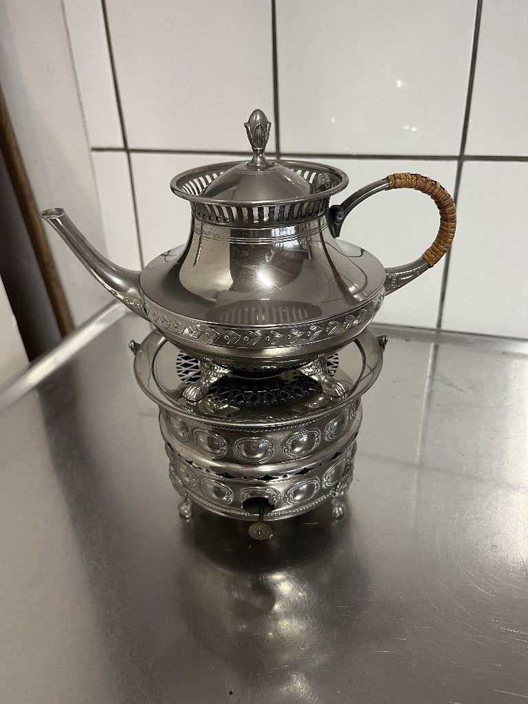 Prachtige antieke tinnen theepot met rechaud-Daalderop Tiel, Antiek en Kunst, Ophalen of Verzenden