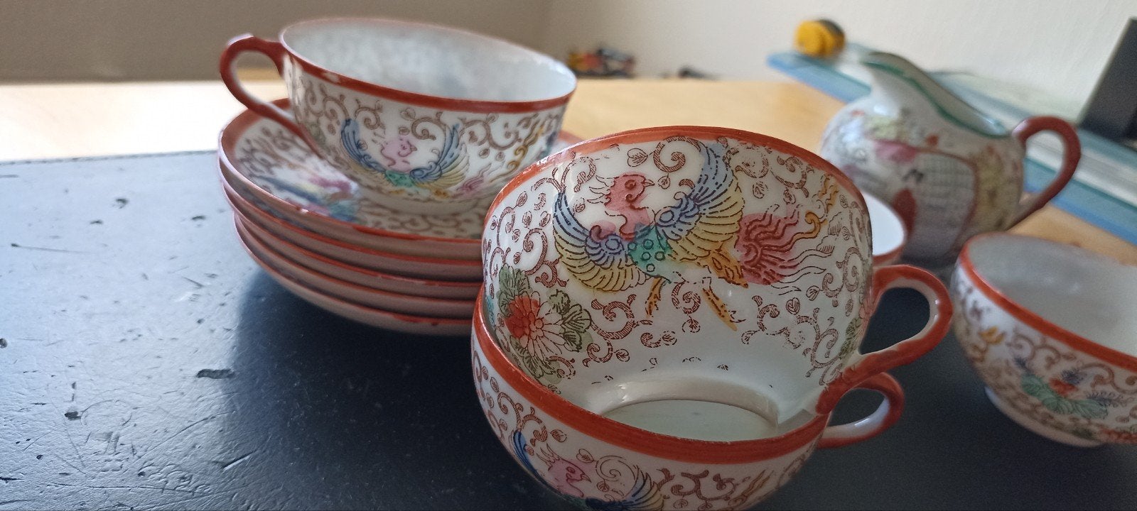 Vintage Chinees theeservies met melkkannetje en vaasjes, Antiek en Kunst, Ophalen