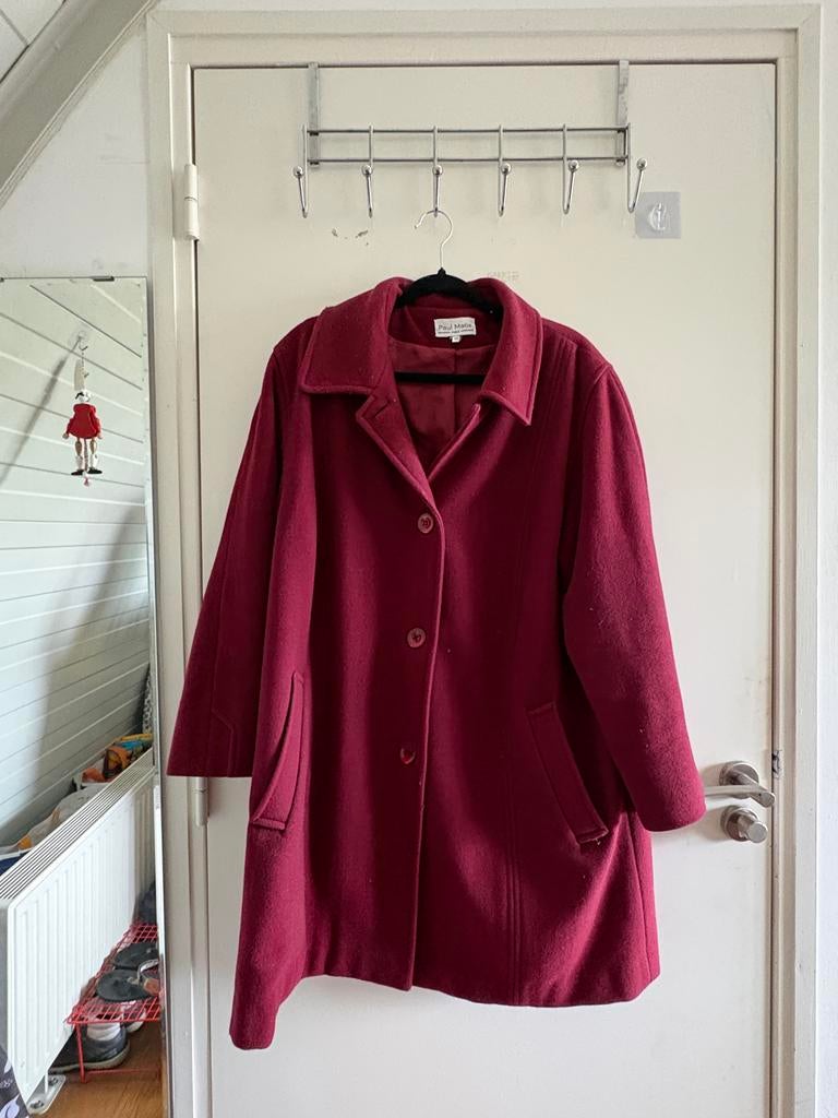 Vintage Paul Matis Wollen Mix Jas Maat 48 Bordeauxrood, Kleding | Dames, Jassen | Winter, Ophalen of Verzenden, Gedragen, Maat 46/48 (XL) of groter