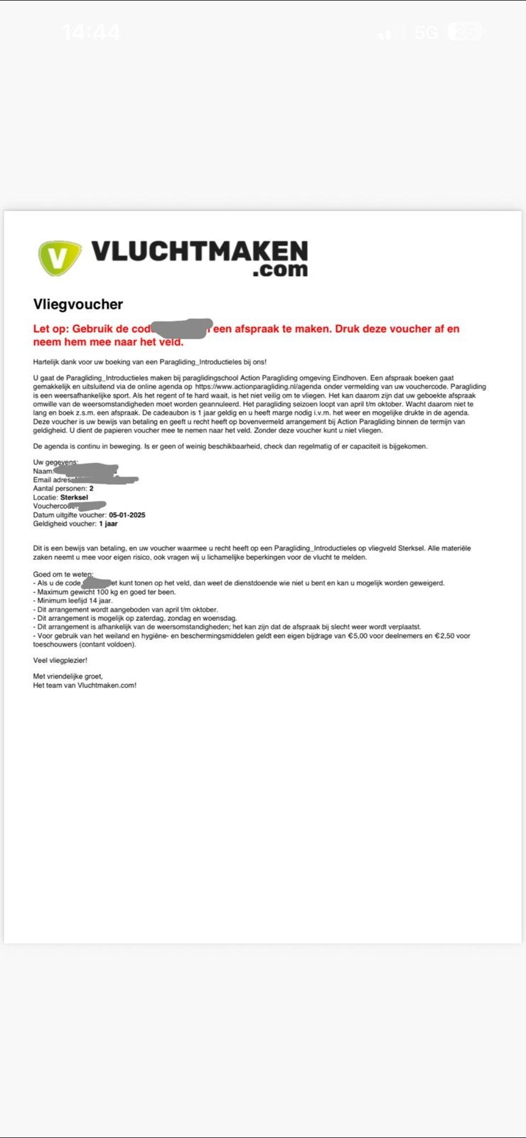Paraglide vliegvoucher voor 2 personen in Sterksel, Tickets en Kaartjes, Kortingen en Cadeaubonnen, Twee personen, Overige soorten