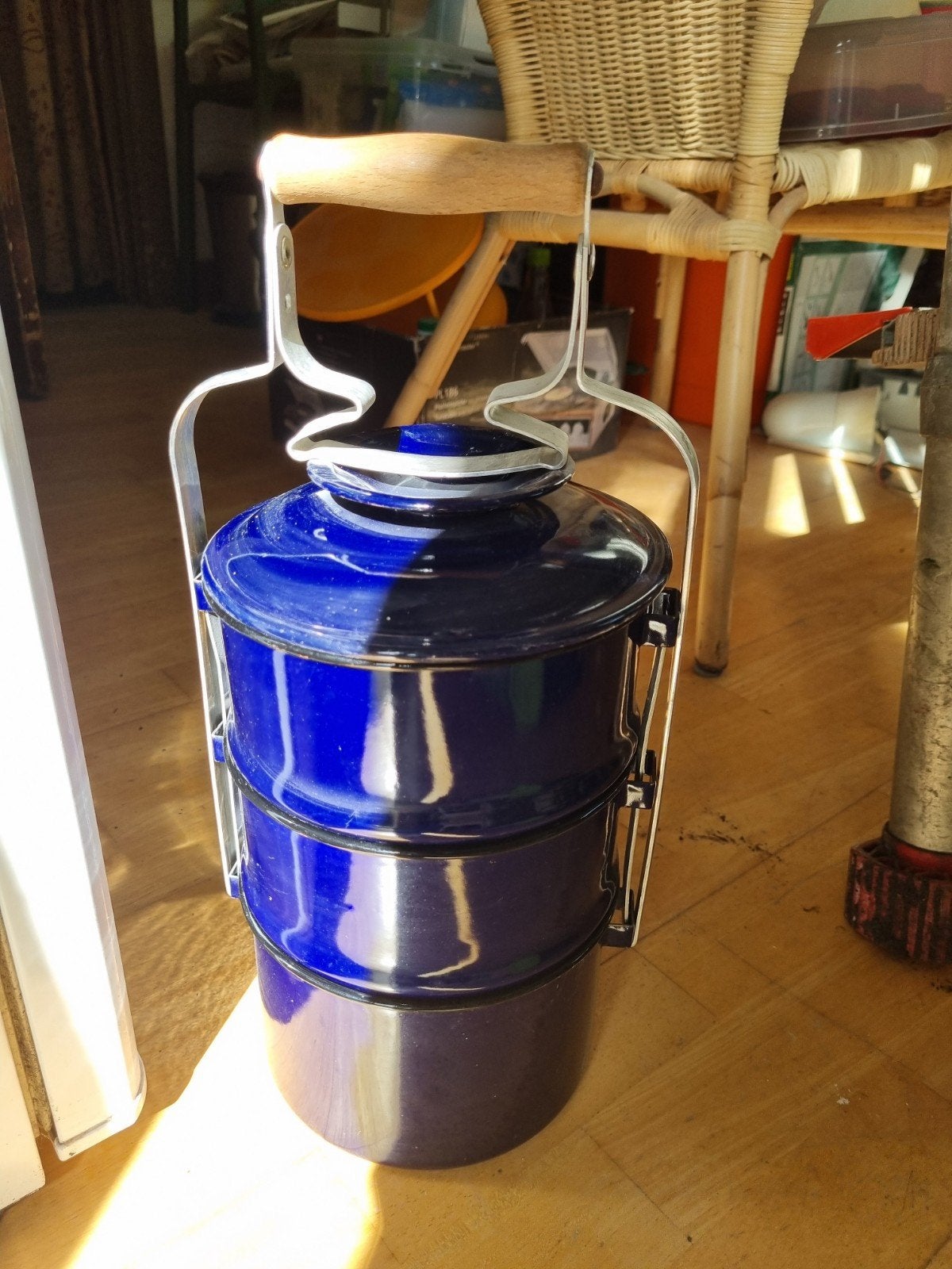Rantang, 3-laagse emaille etensdrager/lunchbox, Ophalen, Zo goed als nieuw, Blauw