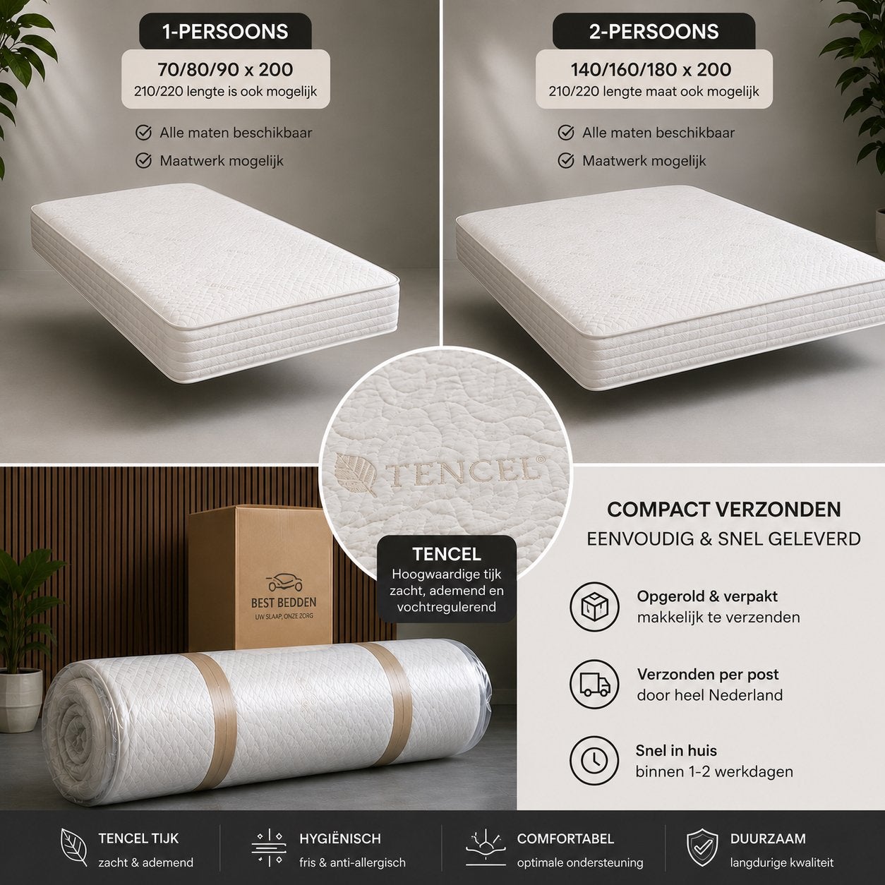 Matras – 1 & 2 Persoons | Alle Maten | | Snel Leverbaar, Huis en Inrichting, Ophalen, Beige, 180 cm, 200 cm
