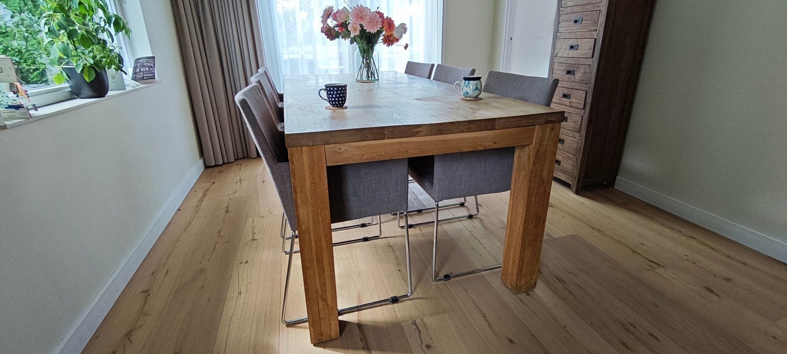 Massief Blanke Eikenhouten Eettafel - 220x100 cm, Ophalen, Gebruikt, 100 tot 150 cm, 200 cm of meer