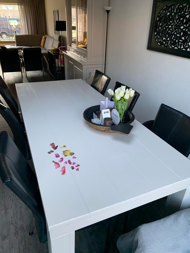 Steigerhouten tafel met 6 lederen stoelen, Huis en Inrichting, Tafels | Eettafels, Ophalen, Gebruikt, 200 cm of meer, 50 tot 100 cm