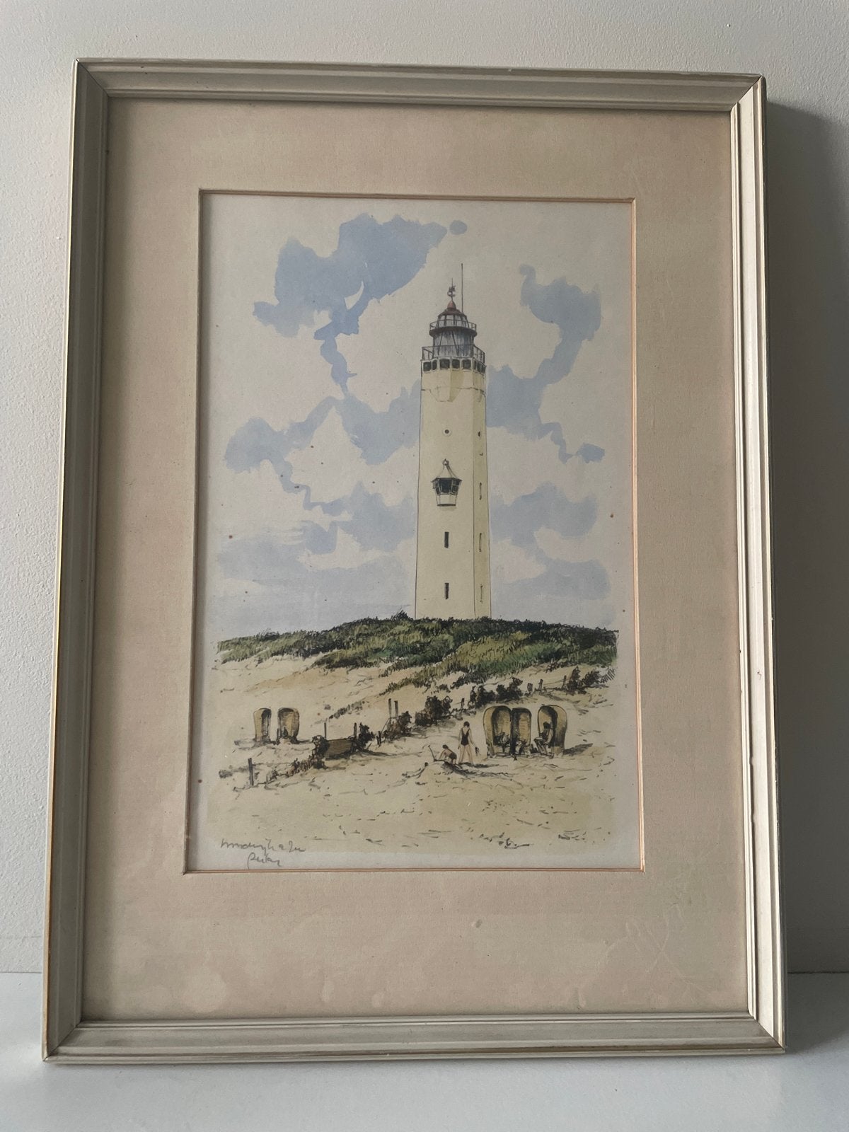 Schilderij vuurtoren met strandgezicht, Maritiem / water, Realistisch, Ophalen of Verzenden, Gesigneerd