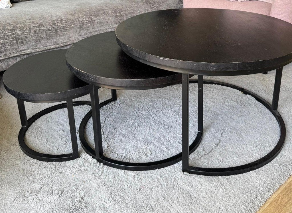 Coffee table set of 3 - round, black wood, metal frame, Huis en Inrichting, Ophalen, Gebruikt, 50 tot 100 cm, Rond