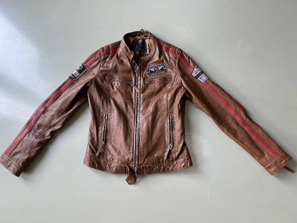 Bruin leren Bikerjack, Bruin, Ophalen of Verzenden, Zo goed als nieuw, Maat 36 (S)