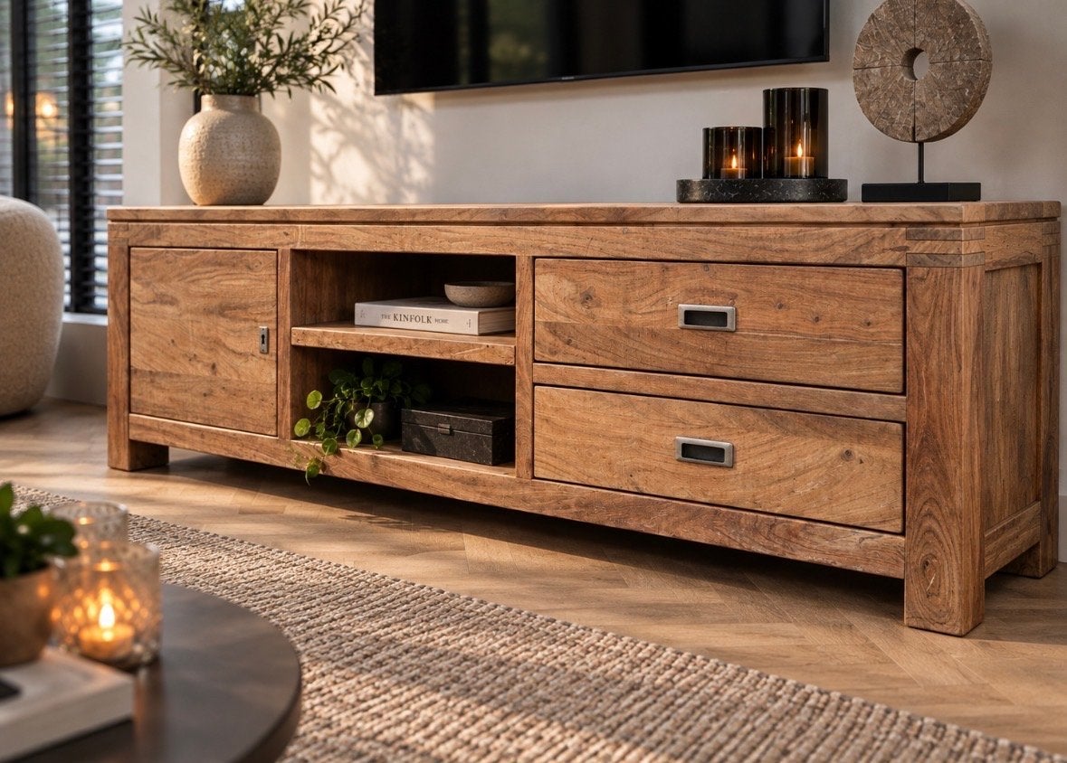 Houten TV-meubel, 150 tot 200 cm, Ophalen of Verzenden, Zo goed als nieuw, Minder dan 100 cm