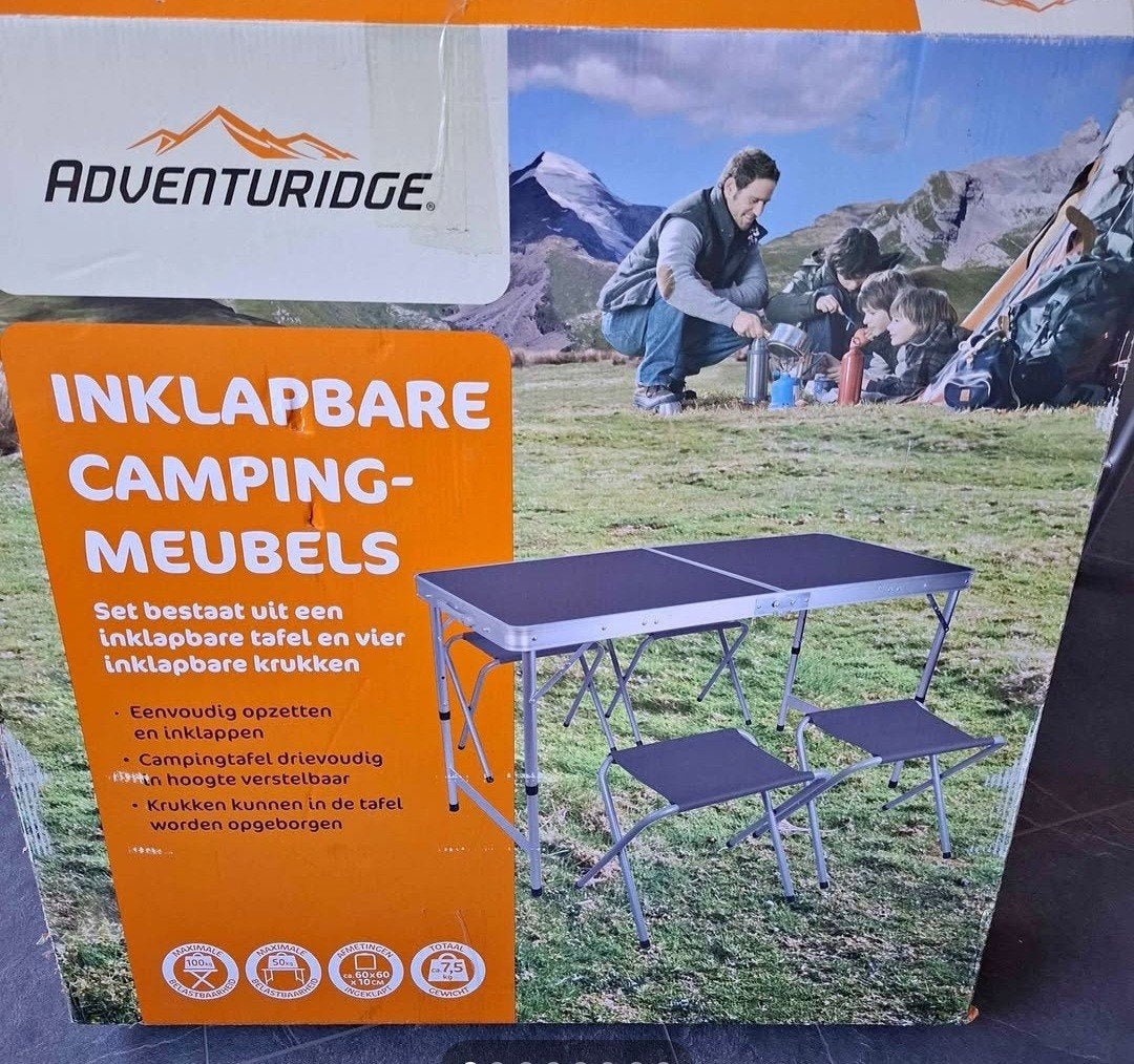 Adventuridge inklapbare campingtafel met 4 krukken, Ophalen, Nieuw, Campingtafel
