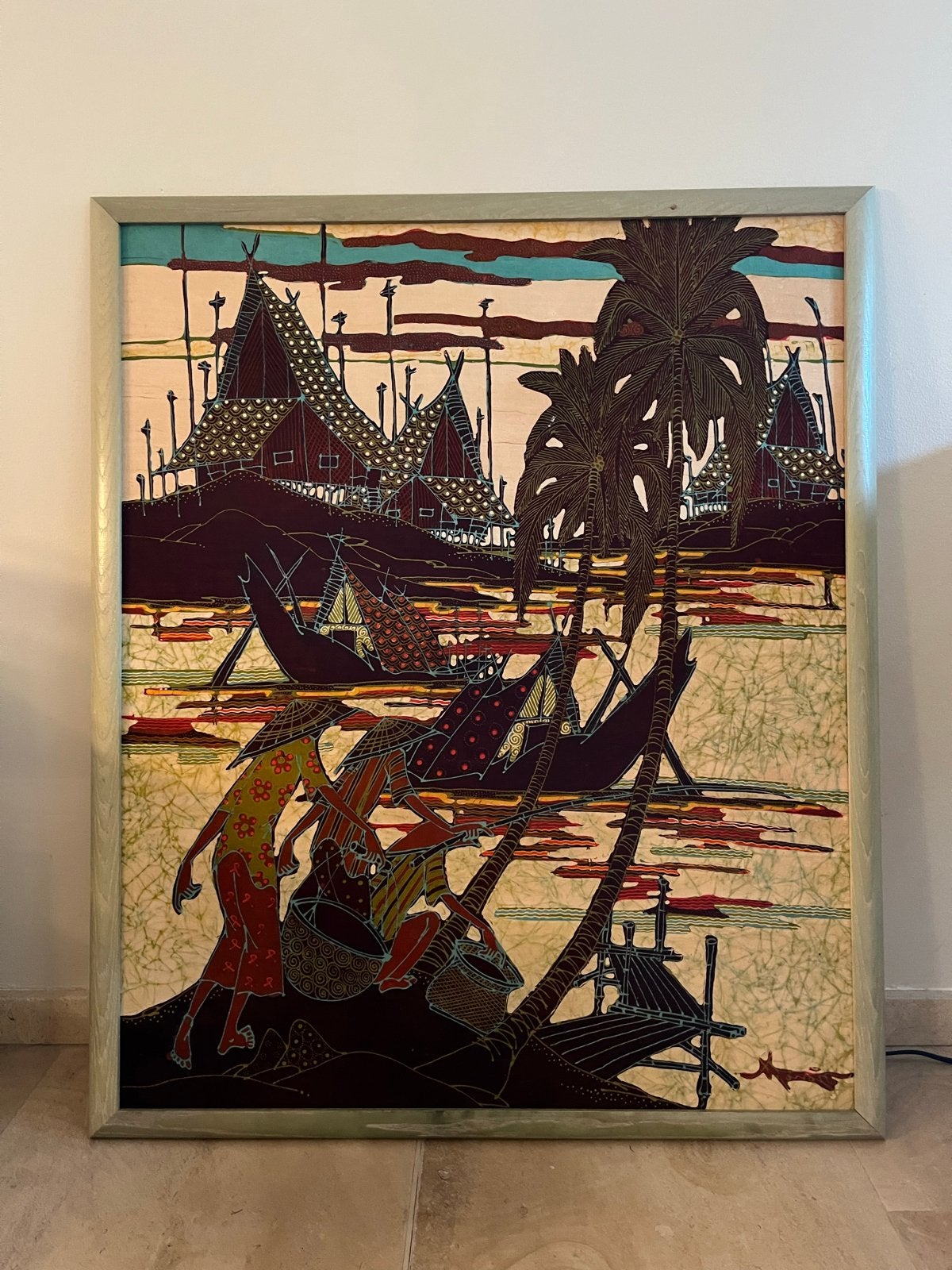 Vintage Batik Schilderij - Tropisch Dorpsgezicht, Doek, Overige technieken, Ophalen of Verzenden, Stads- / dorpsgezicht