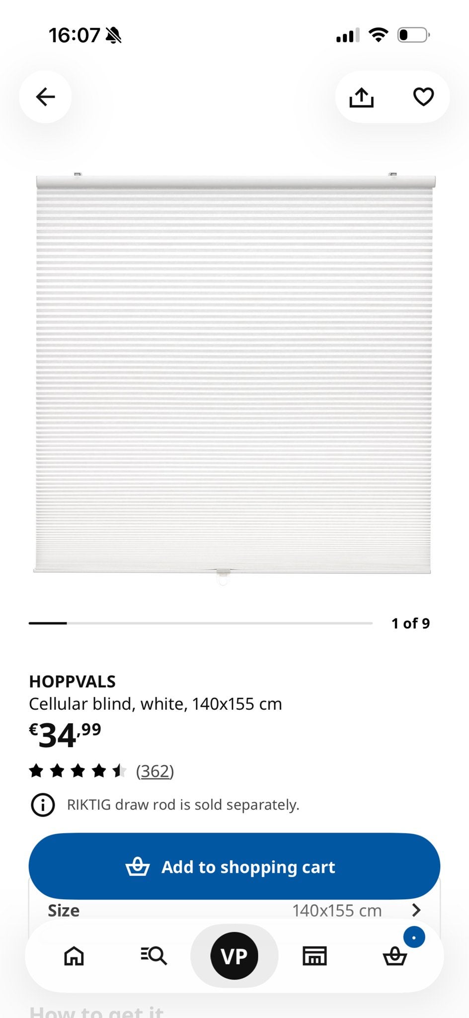 HOPPVALS Cellulair rolgordijn, wit, 140x155 cm, Wit, Zo goed als nieuw, IKEA, Plisségordijn