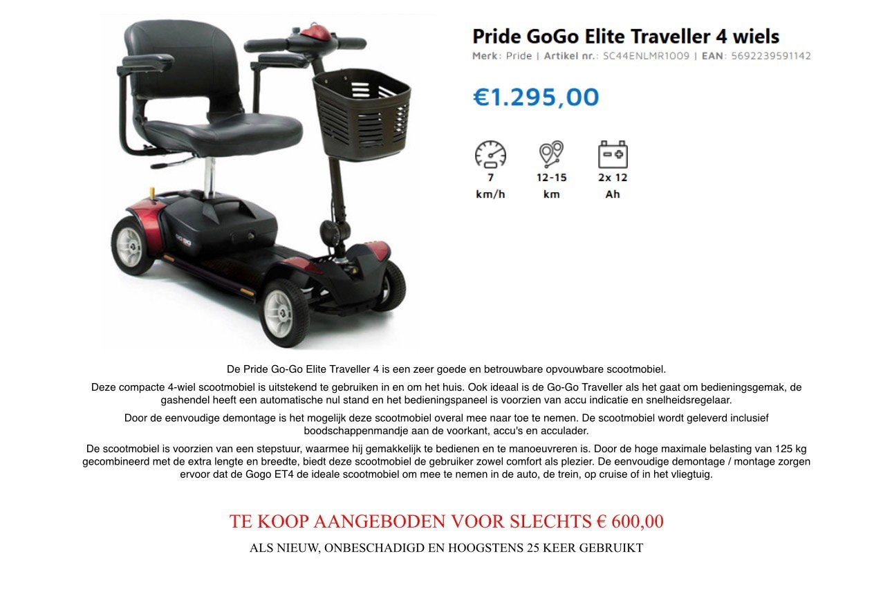 Pride GoGo Elite Traveller 4-wiel Scootmobiel – Als Nieuw!, Diversen, Ophalen, Zo goed als nieuw, Pride, 10 km/u of minder