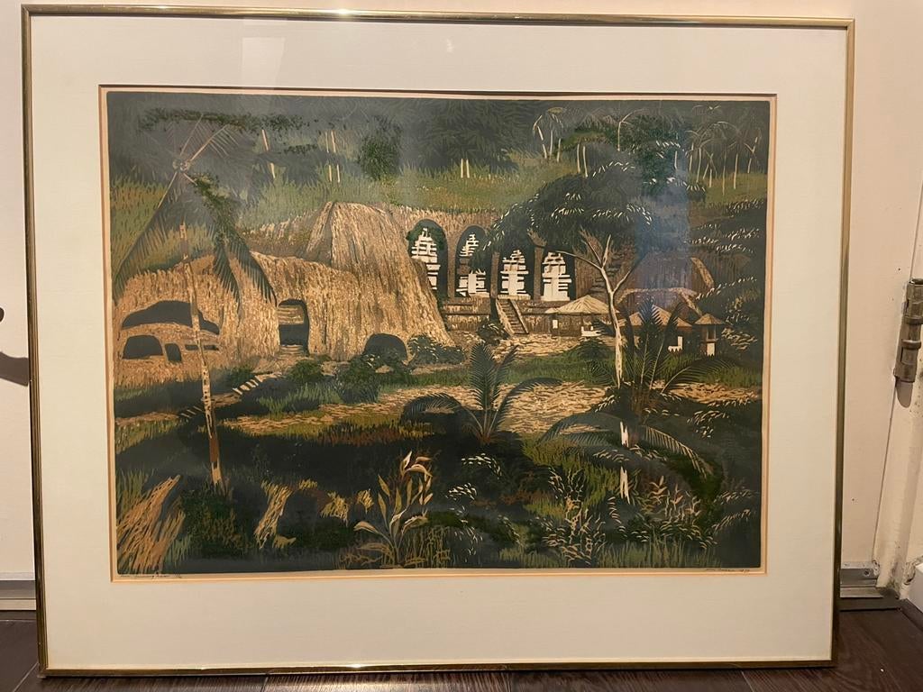 Bali Indonesie Tempel Linoleum druk Wim Bakker, Antiek en Kunst, Ophalen of Verzenden