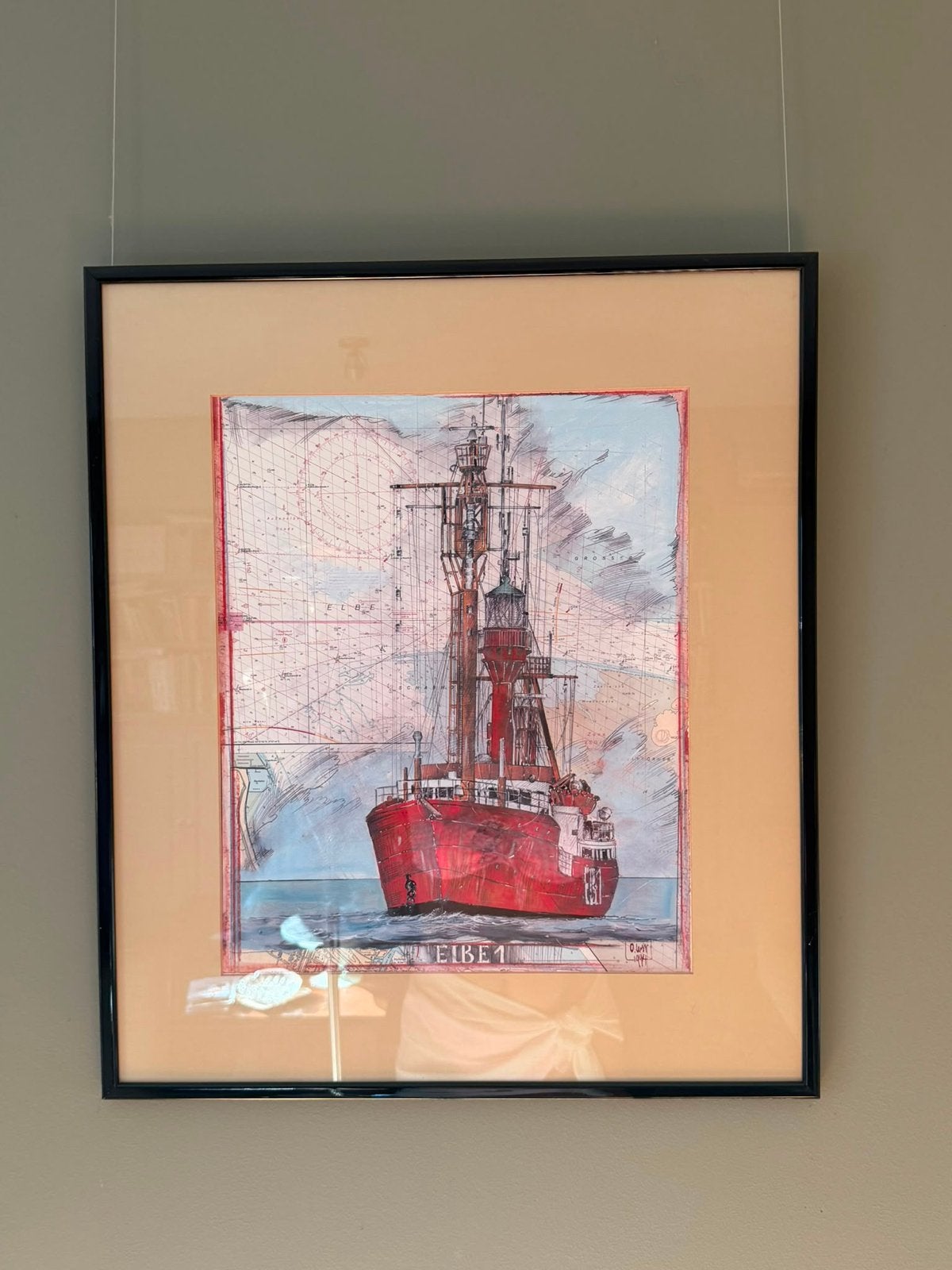 Maritieme kunst: Schip 'Elbe 1' en vuurtorens, ingelijst, Achter glas, Maritiem / water, Realistisch, Ophalen of Verzenden