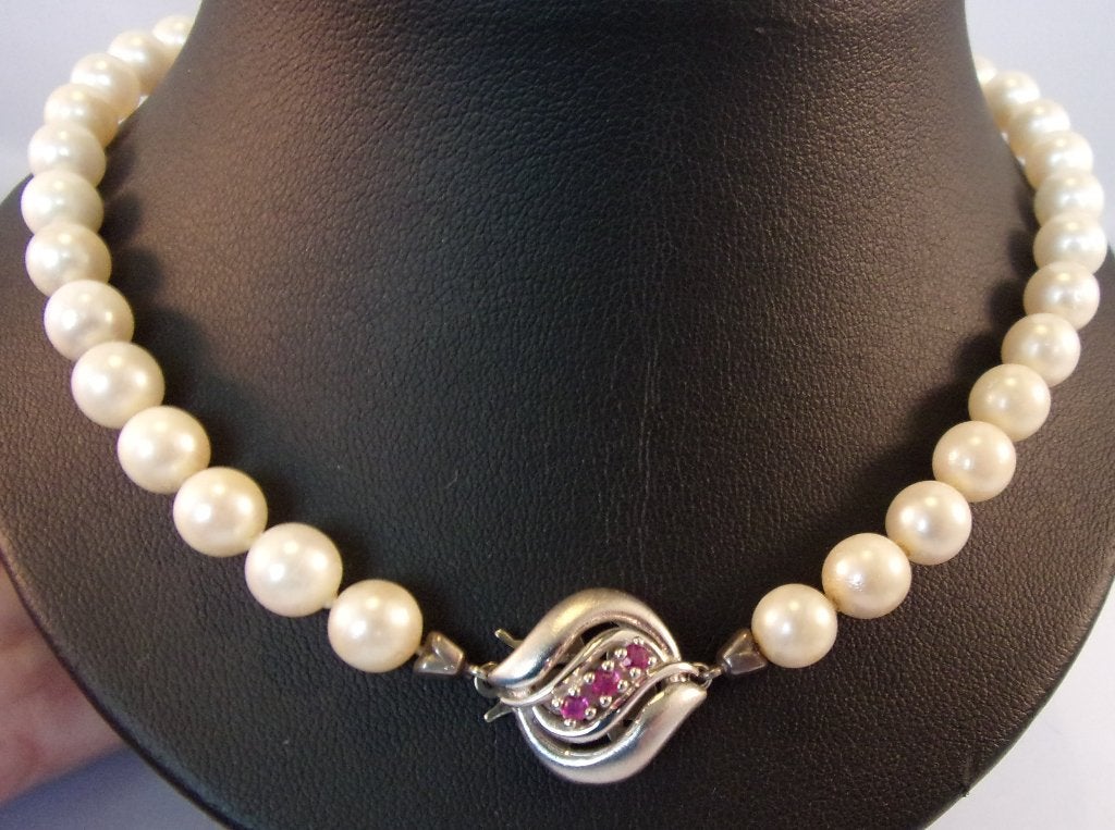 Parel ketting, 14 karaat witgoud, 3 Robijnen, 48 cm lang, Verzenden, Goud, Ketting, Met edelsteen