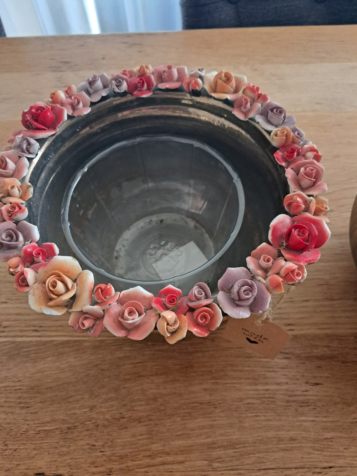 2 Des Pots bloempotten goud met porseleinen bloemen, Overige materialen, Minder dan 30 cm, Rond, Ophalen of Verzenden