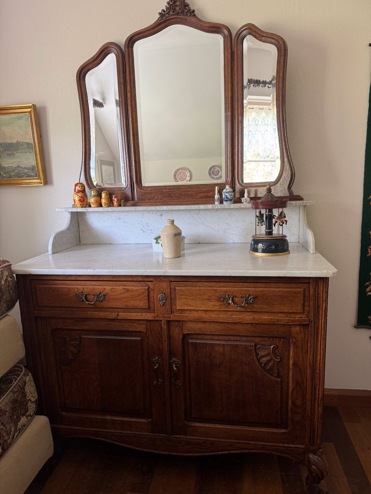 Antieke dressoir commode met marmeren blad en spiegel, Ophalen