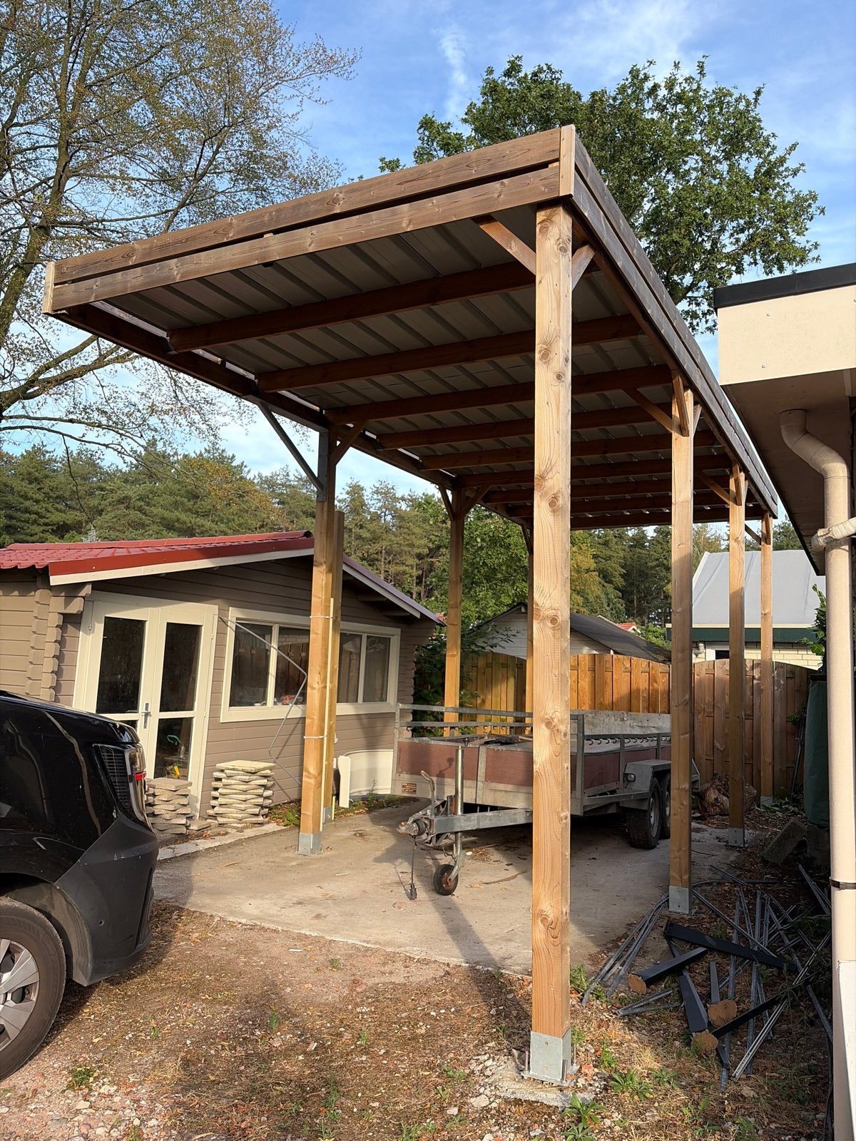 Robuuste houten carport/overkapping voor camper, Ophalen, Gebruikt, Carport