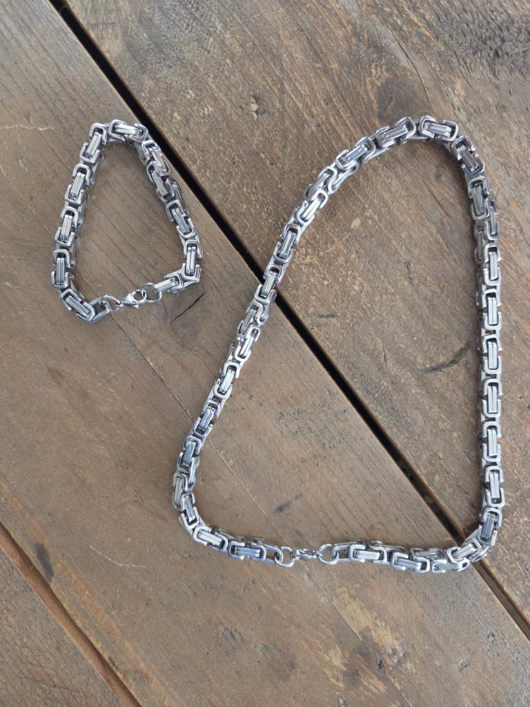 Heren ketting en armband set - Koningsschakel, Sieraden, Tassen en Uiterlijk, Armbanden, Ophalen, Nieuw, Zilver, Staal