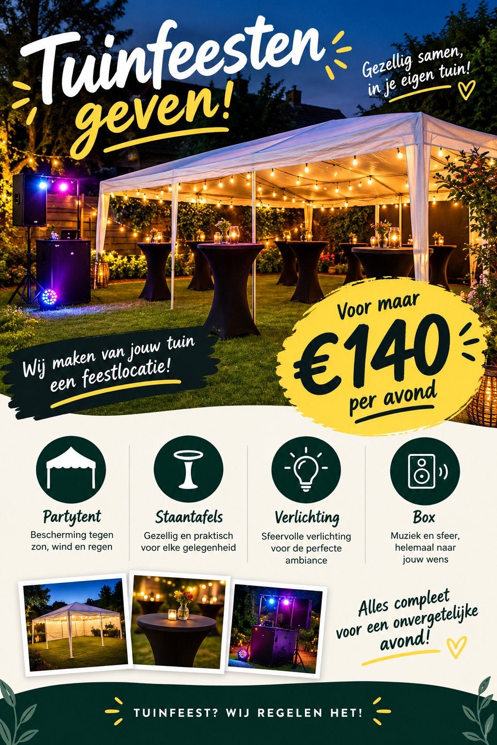 Feestenverhuur: Partytent, statafels, verlichting & box, Ophalen of Verzenden, Gebruikt, Overige