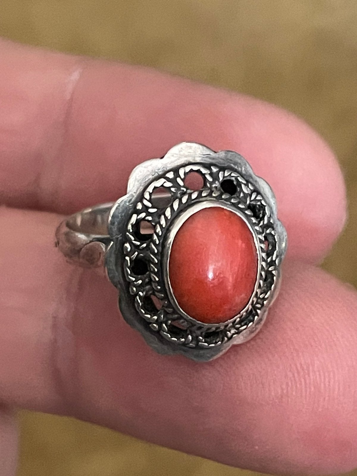 Antiek zilveren ring met bloedkoraal, Sieraden, Tassen en Uiterlijk, Antieke sieraden, Ophalen of Verzenden, Zilver, Ring