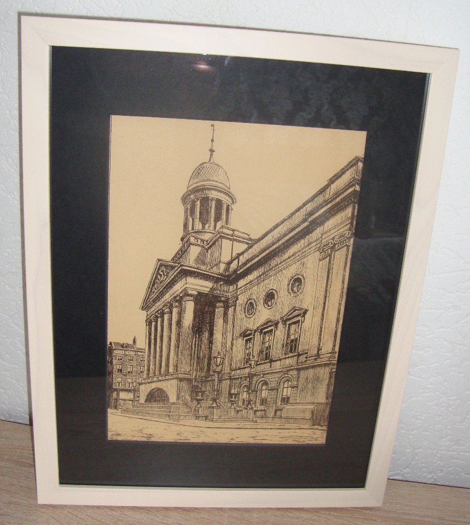 nieuw ingelijste ets / het oude stadhuis te Rotterdam, 33 cm, Ets, 43 cm, Architectuur