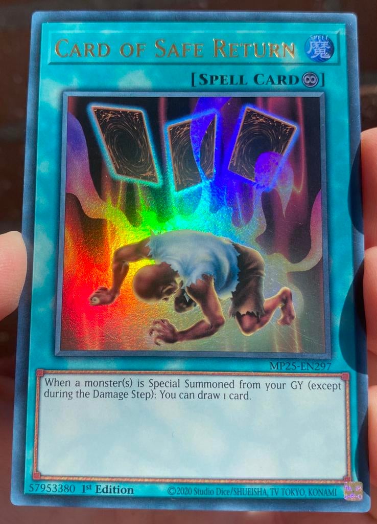 Yu-Gi-Oh! Card of Safe Return MP25 1st Edition !, Ophalen of Verzenden, Zo goed als nieuw, Losse kaart, Foil