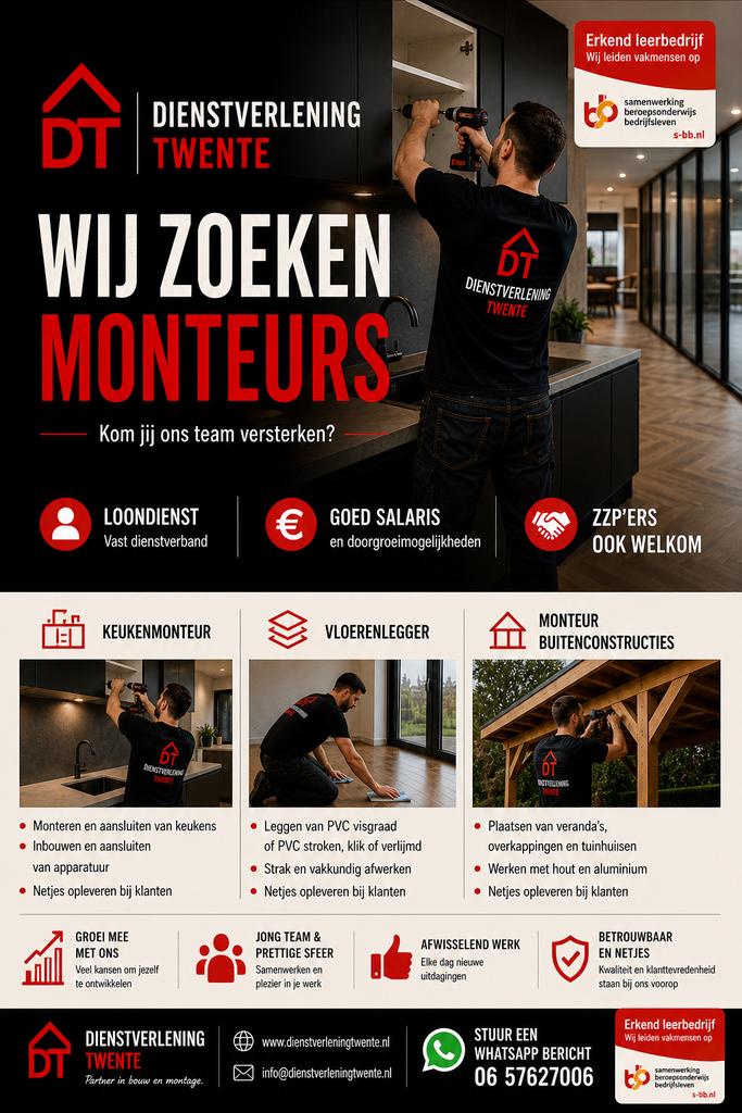 Monteurs gezocht vloeren keukens tuinhuizen verandas overkap, 33 - 40 uur, MBO, Vanaf 5 jaar, Tijdelijk contract