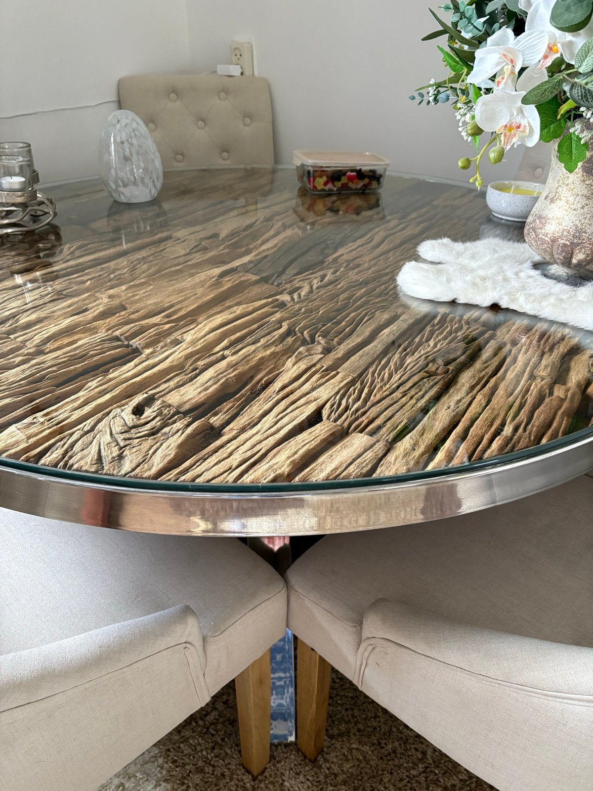 Ronde eettafel met glazen blad en houten inleg, 1m30, Ophalen, 100 tot 150 cm, Rond, Vier personen
