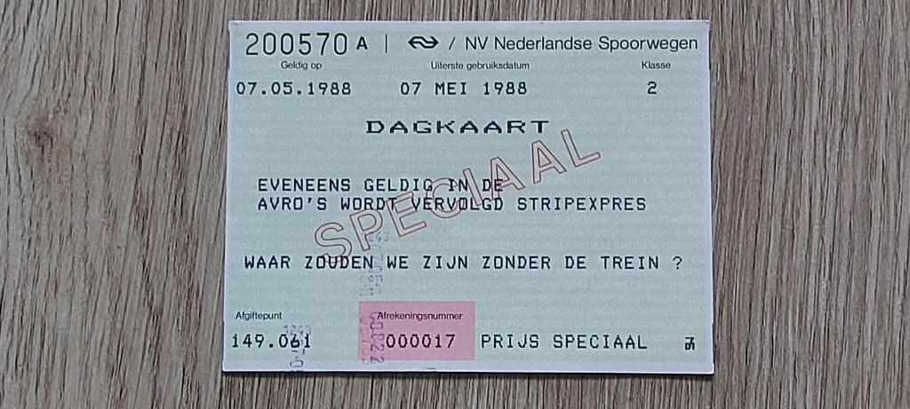 1988 NS Dagkaart Speciaal AVRO'S WORDT VERVOLGD STRIPEXPRES, Ophalen of Verzenden, Zo goed als nieuw, Trein, Overige typen