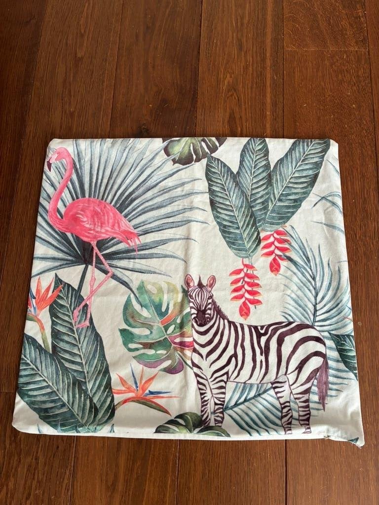 Grote Vrolijke kussen Hoes met Palmboom Flamingo en Zebra, Ophalen of Verzenden, Zo goed als nieuw, Vierkant