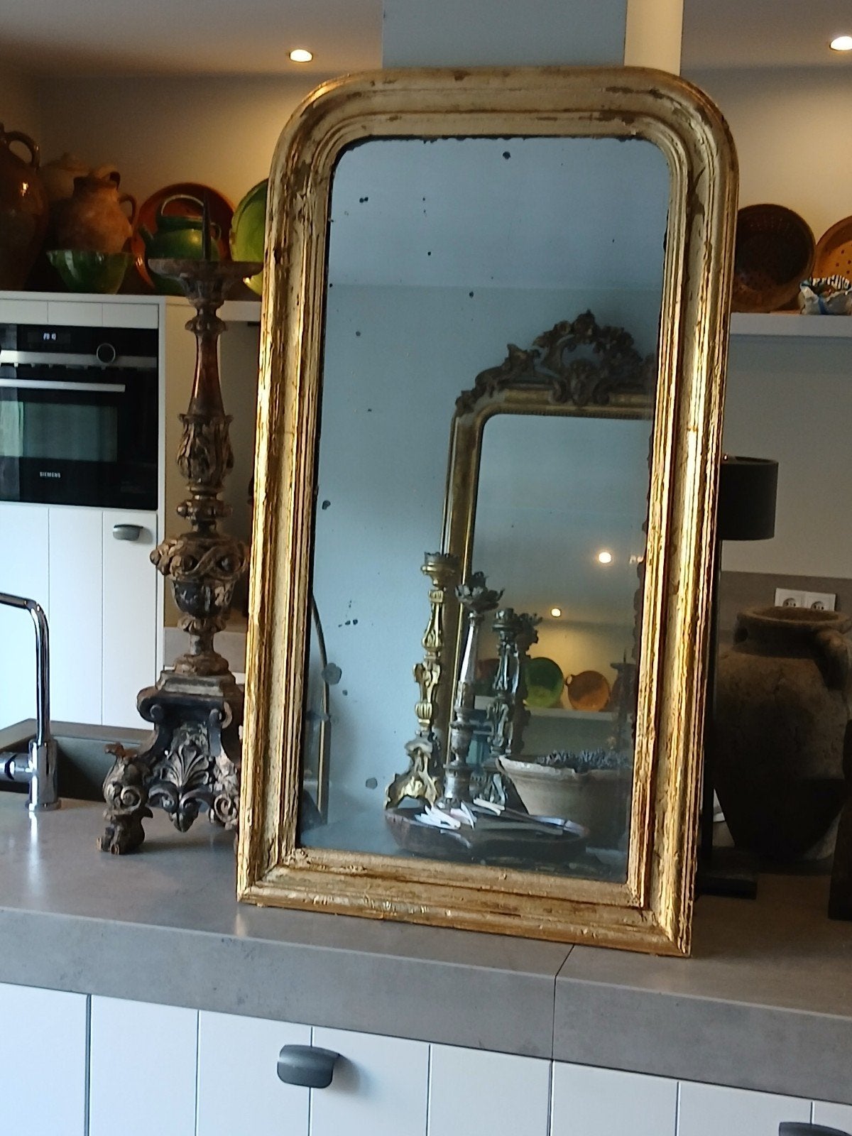 Stijlvolle Grote Antieke Bladgouden Louis Philippe Spiegel, Ophalen, Rechthoekig, 50 tot 100 cm