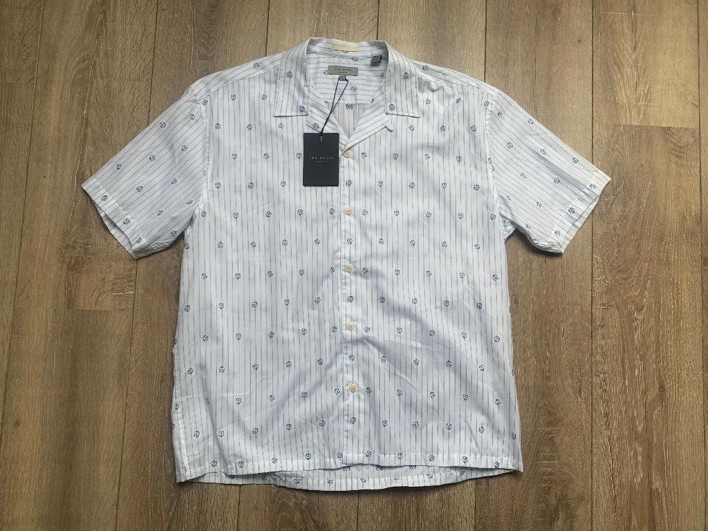 Ted Baker Overhemd KM wit motief streep bloem blauw 3 = M/48, Kleding | Heren, Overhemden, Ted Baker, Verzenden, Wit, Nieuw