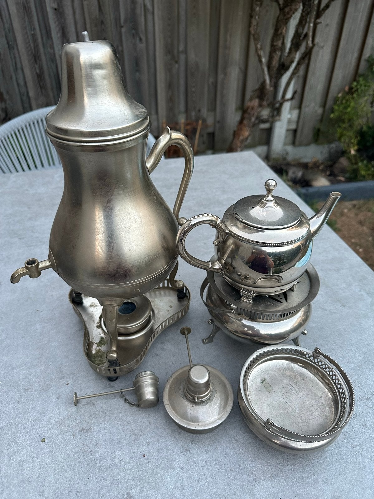 Antieke zilverkleurig theeservies set met brander, Antiek en Kunst, Ophalen of Verzenden