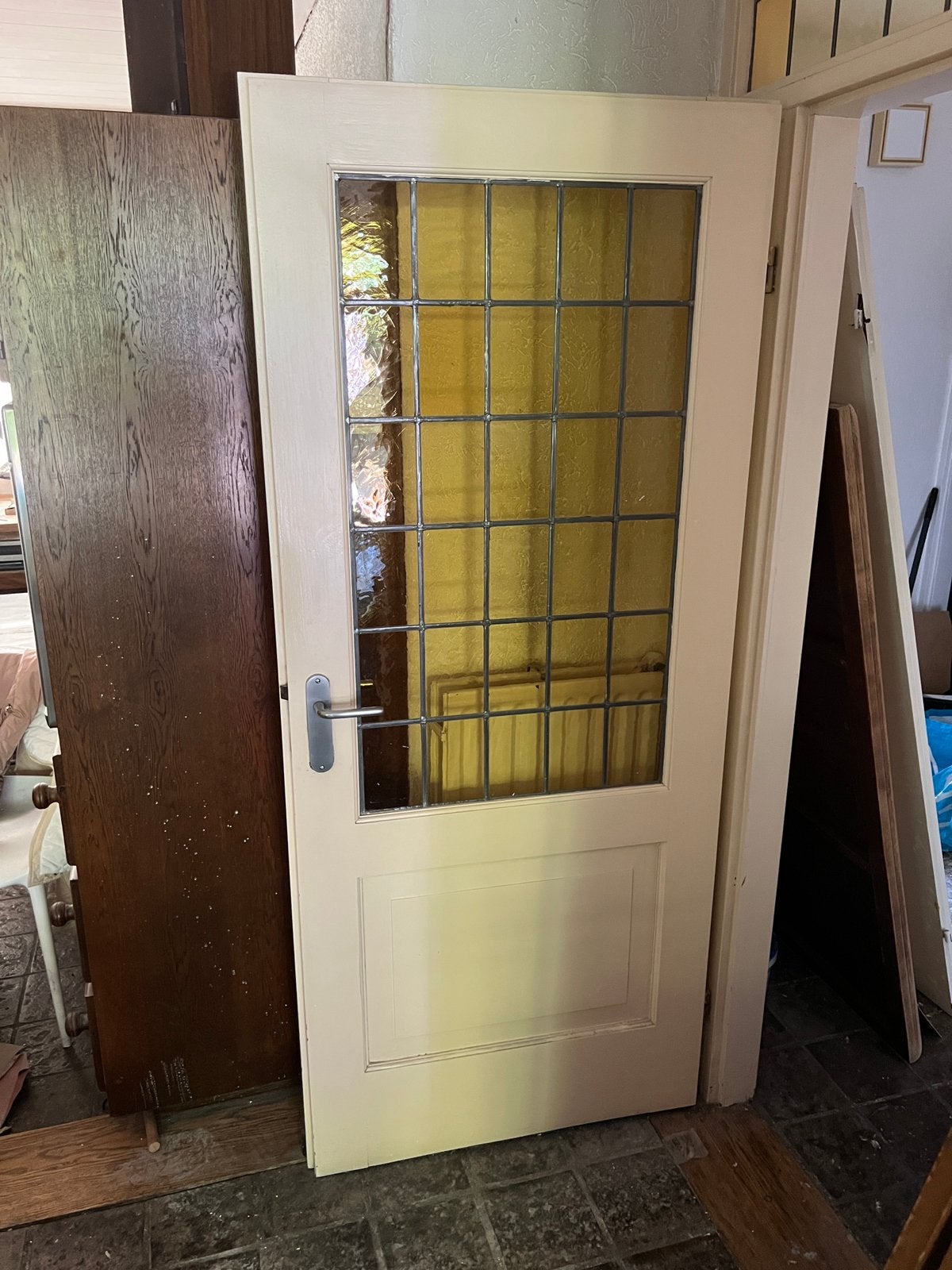 Deur Glass in Lood - Massive Hout, Doe-het-zelf en Verbouw, Deuren en Horren, Ophalen, Gebruikt, Binnendeur, 200 tot 215 cm