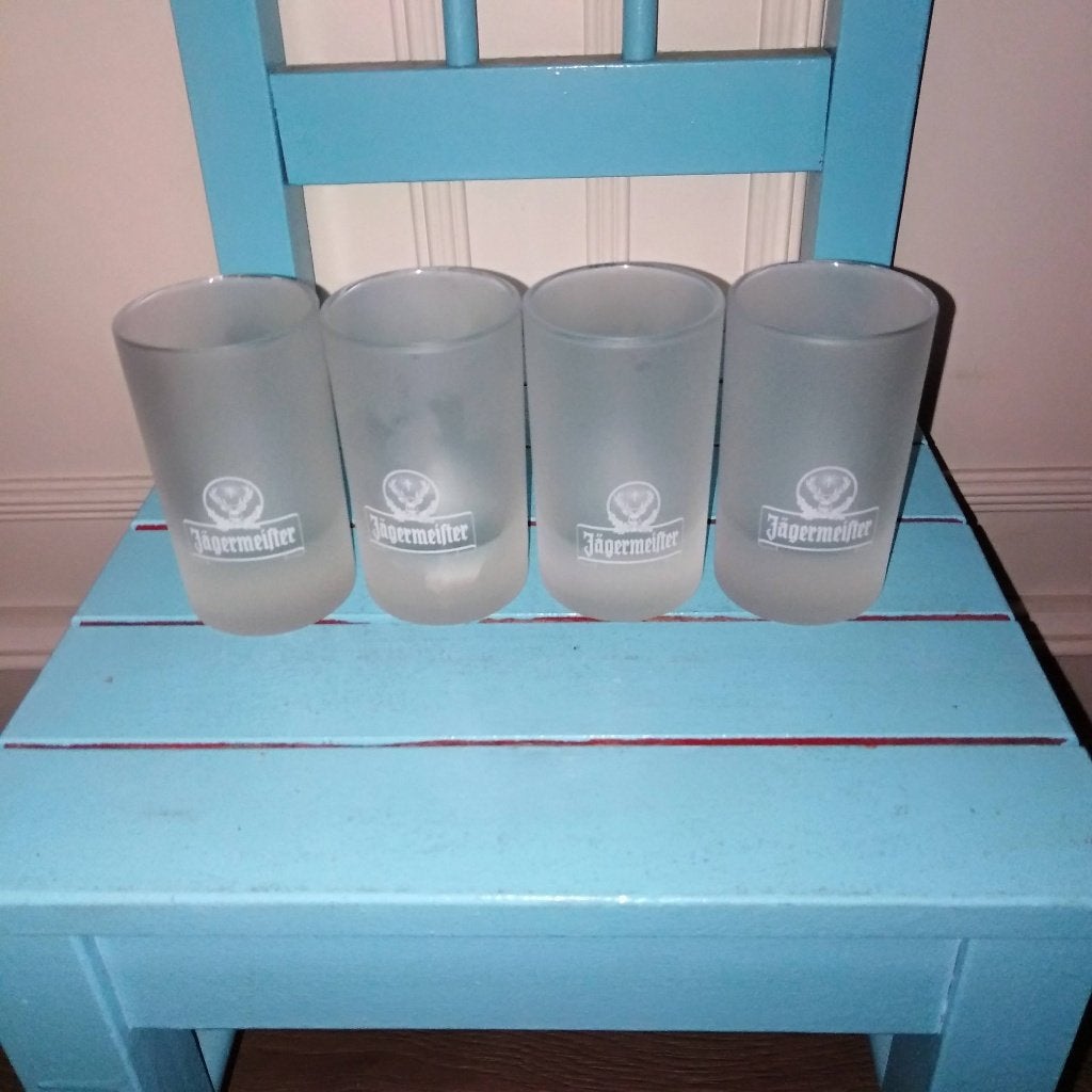 Jagermeister frozen borrelglaasjes 2-4 cl met logo set van 4, Verzamelen, Glas en Borrelglaasjes, Ophalen, Gebruikt, Borrel- of Shotglas