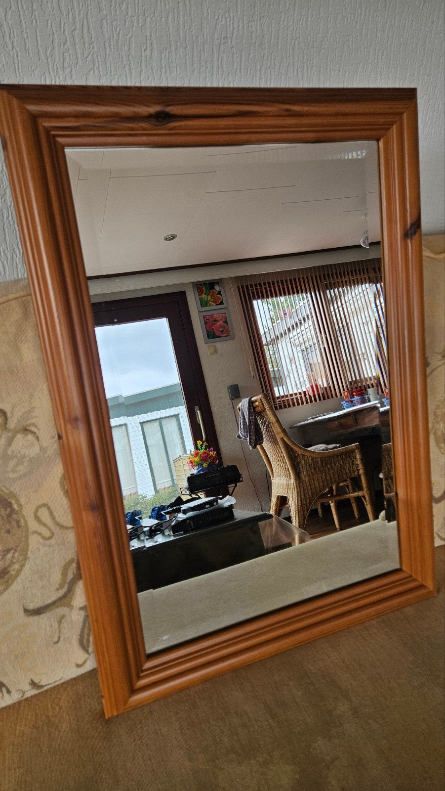 Houten spiegel met facet geslepen glas (69.5 x 49.5 cm), Gebruikt, Ophalen of Verzenden, Minder dan 100 cm, Rechthoekig