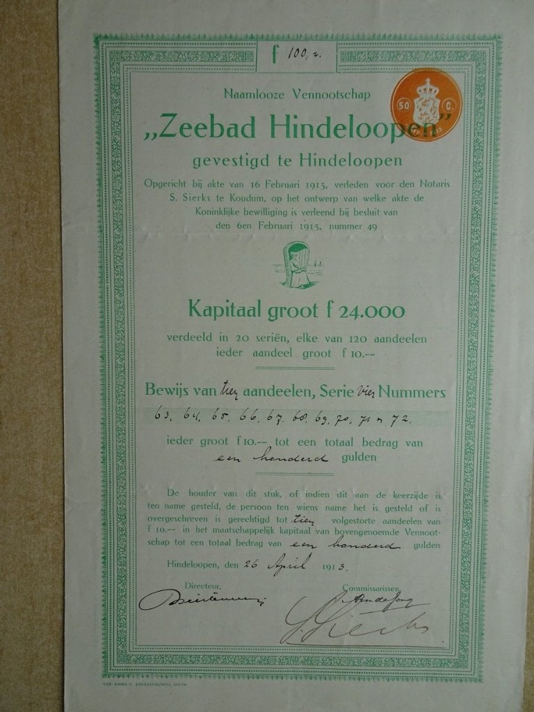 Aandeel 10 gulden "Zeebad Hindeloopen" 1913 ZELDZAAM, Postzegels en Munten, Ophalen of Verzenden, Voor 1920, Aandeel