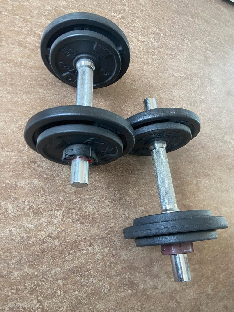 Domyos dumbbell set met corength klemmen - 2x10kg, Sport en Fitness, Ophalen, Zo goed als nieuw, Rug, Dumbbell