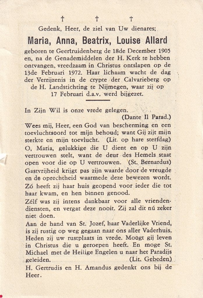 Allard Maria 1905 Geertruidenberg 1972, Verzamelen, Ophalen, Bidprentje